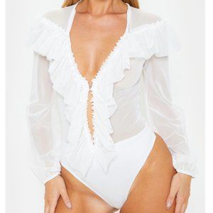 PLT White Ruffle Mesh Plunge Bodysuit